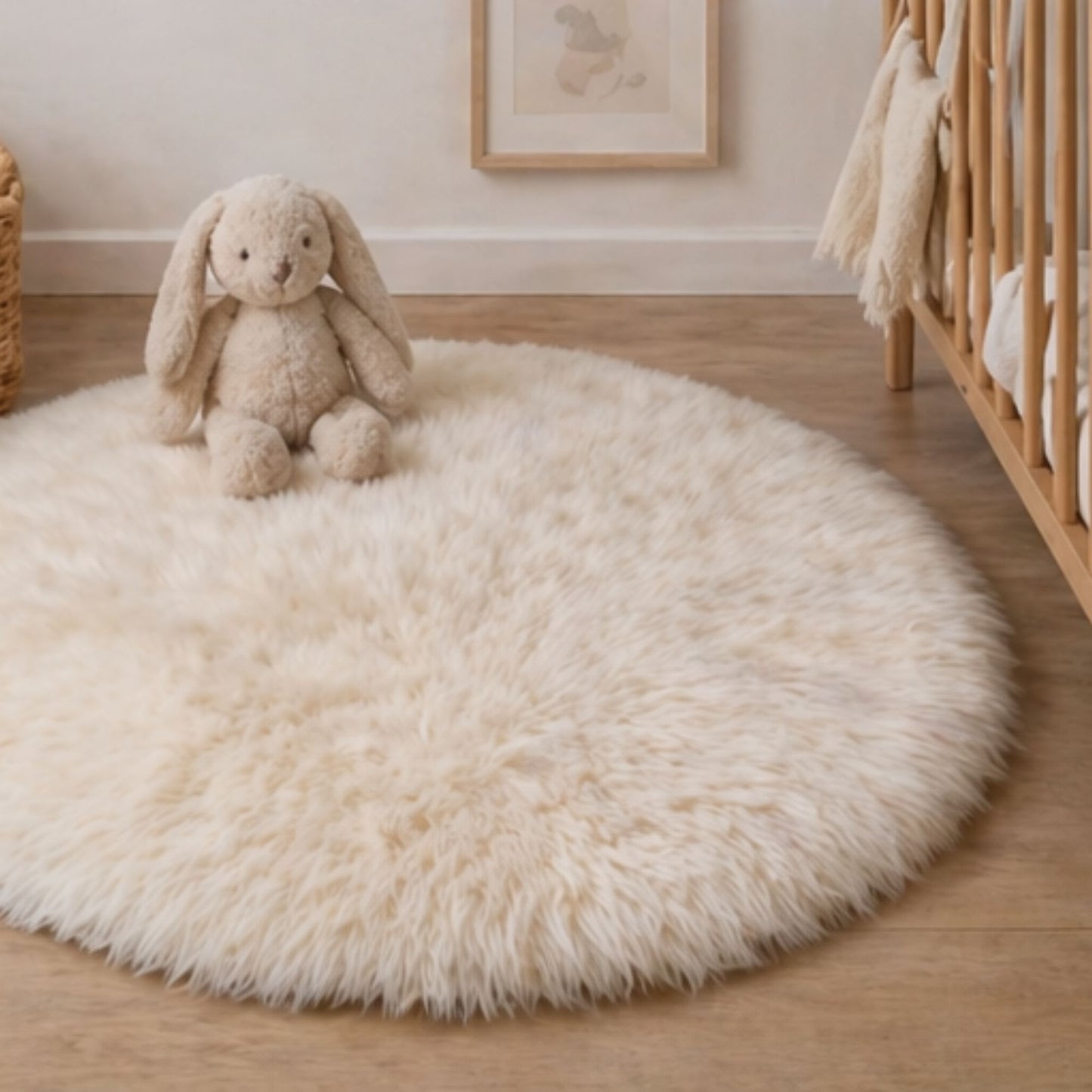 Round Ivory Sheepskin Rug in Baby Nursery.