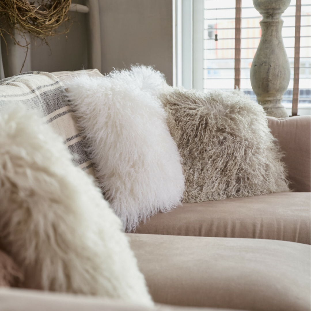 Mongolian Sheepskin Cushion Covers - Ivory & Grey