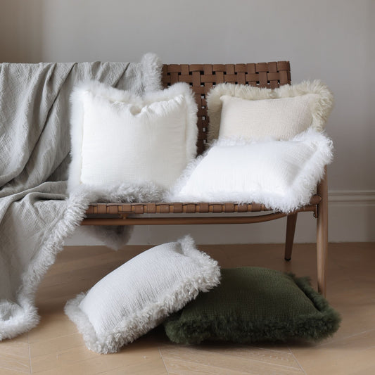 French Linen Cushion with Genuine Lambskin Trim