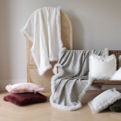 French Linen Throw Rug with Genuine Lambskin Trim