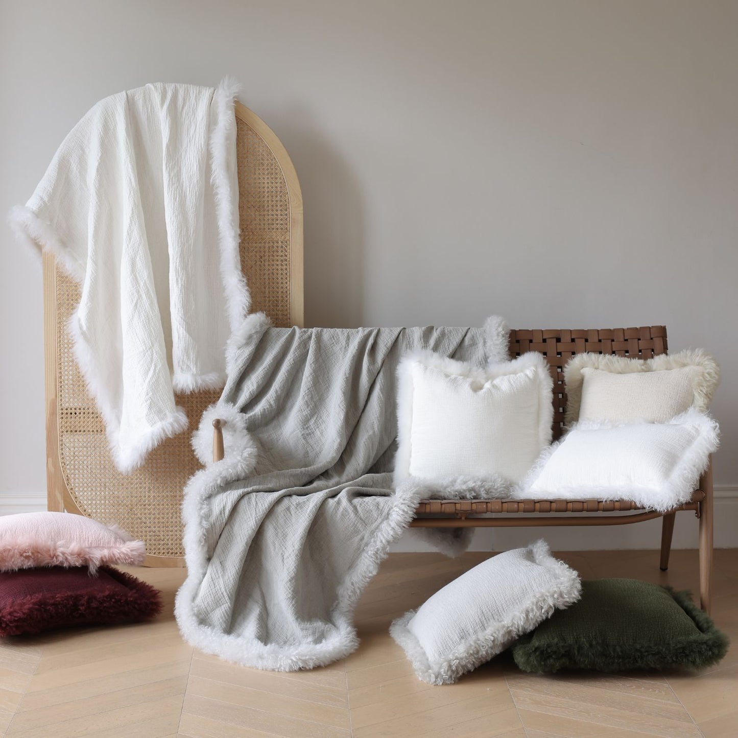 French Linen Cushion with Genuine Lambskin Trim