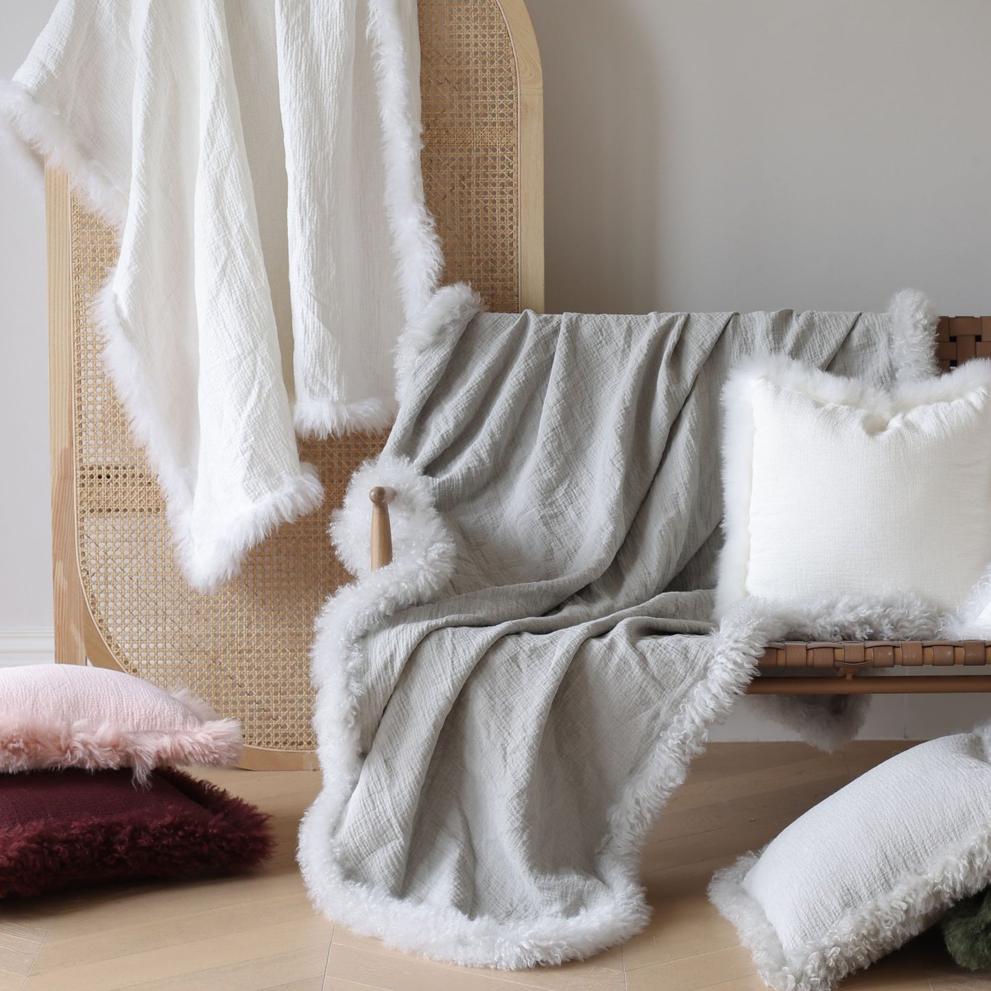 French Linen Throw Rug with Genuine Lambskin Trim