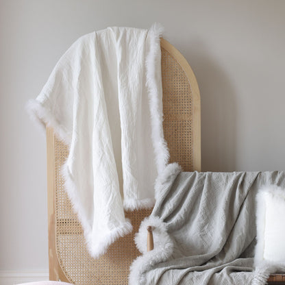 French Linen Throw Rug with Genuine Lambskin Trim