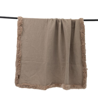 French Linen Throw Rug with Genuine Lambskin Trim