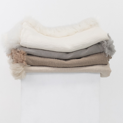 French Linen Throw Rug with Genuine Lambskin Trim