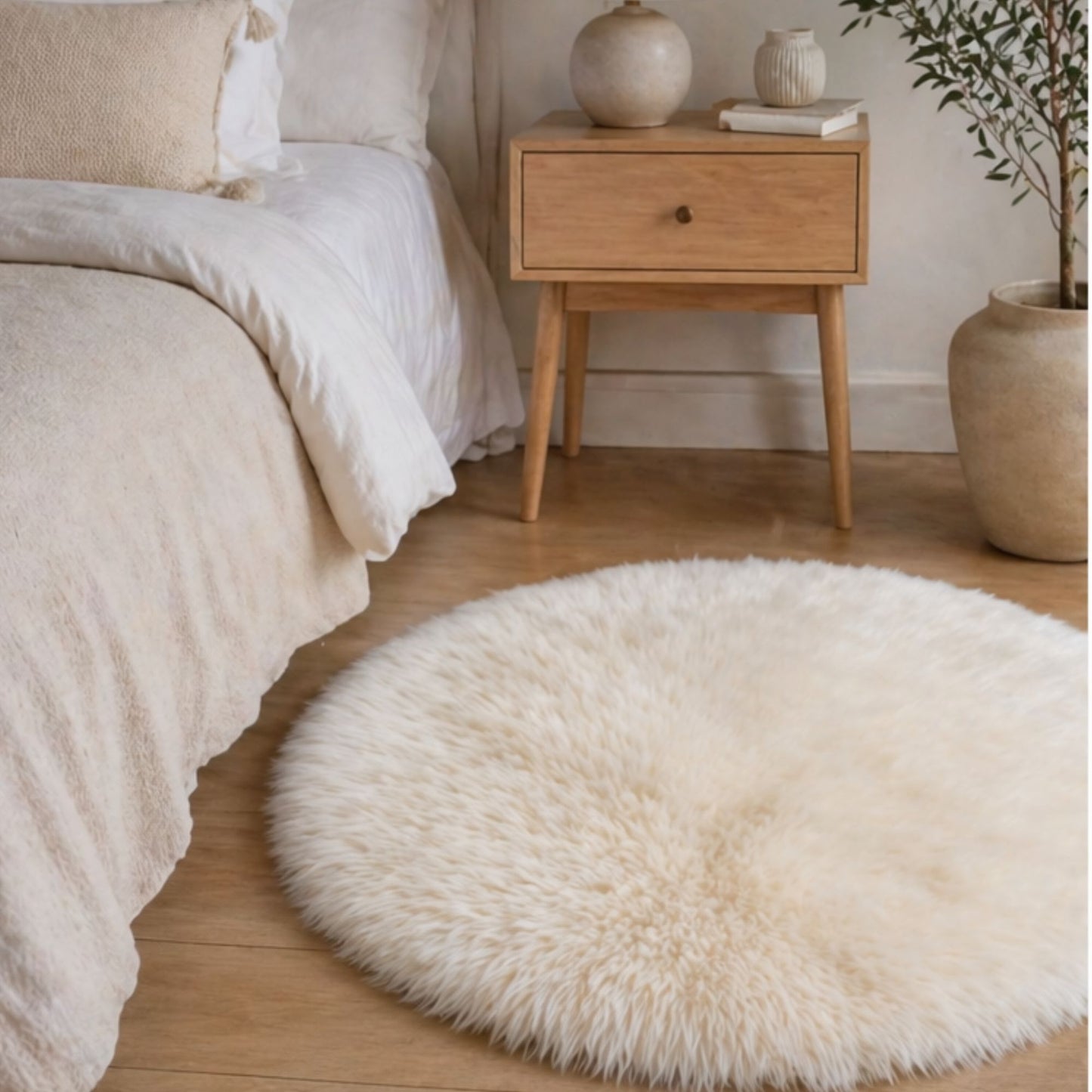 Round Ivory Sheepskin Rug on wooden floor next to Bed