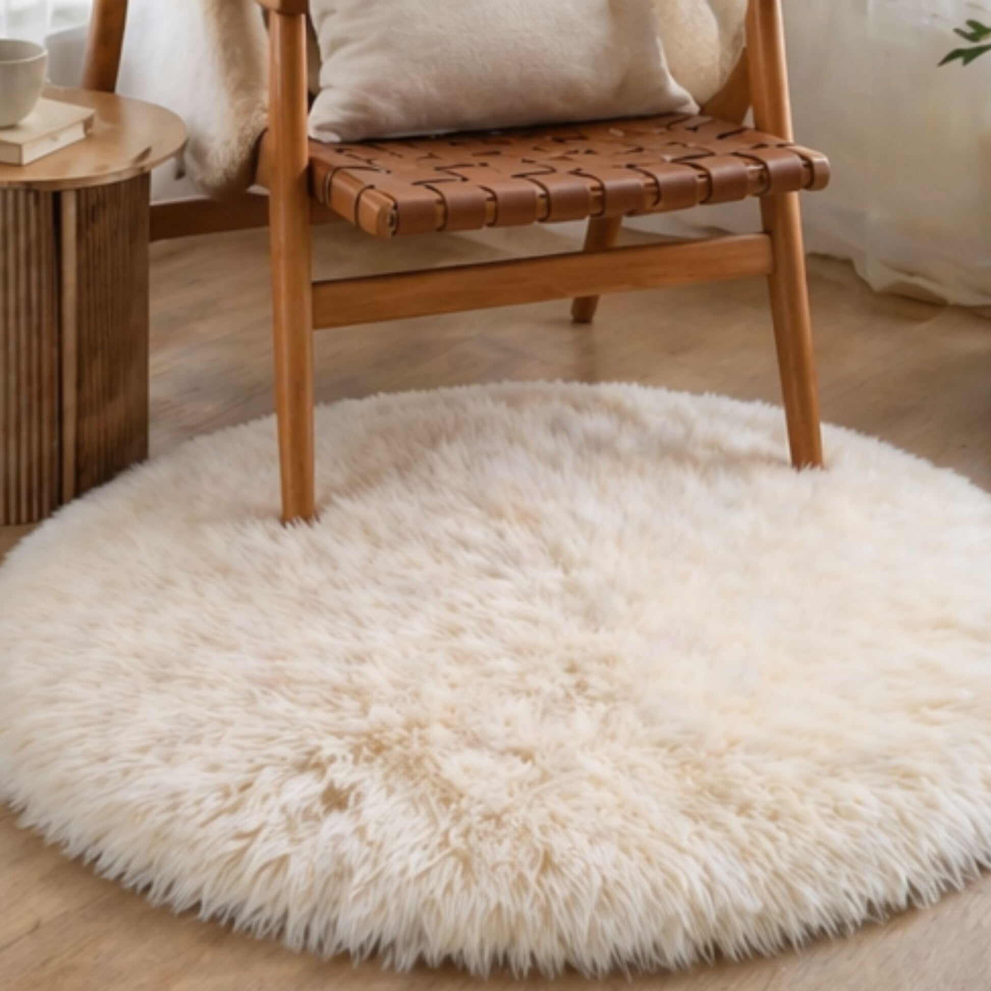Round ivory sheepskin rug on a wooden floor with a wooden chair in the background.