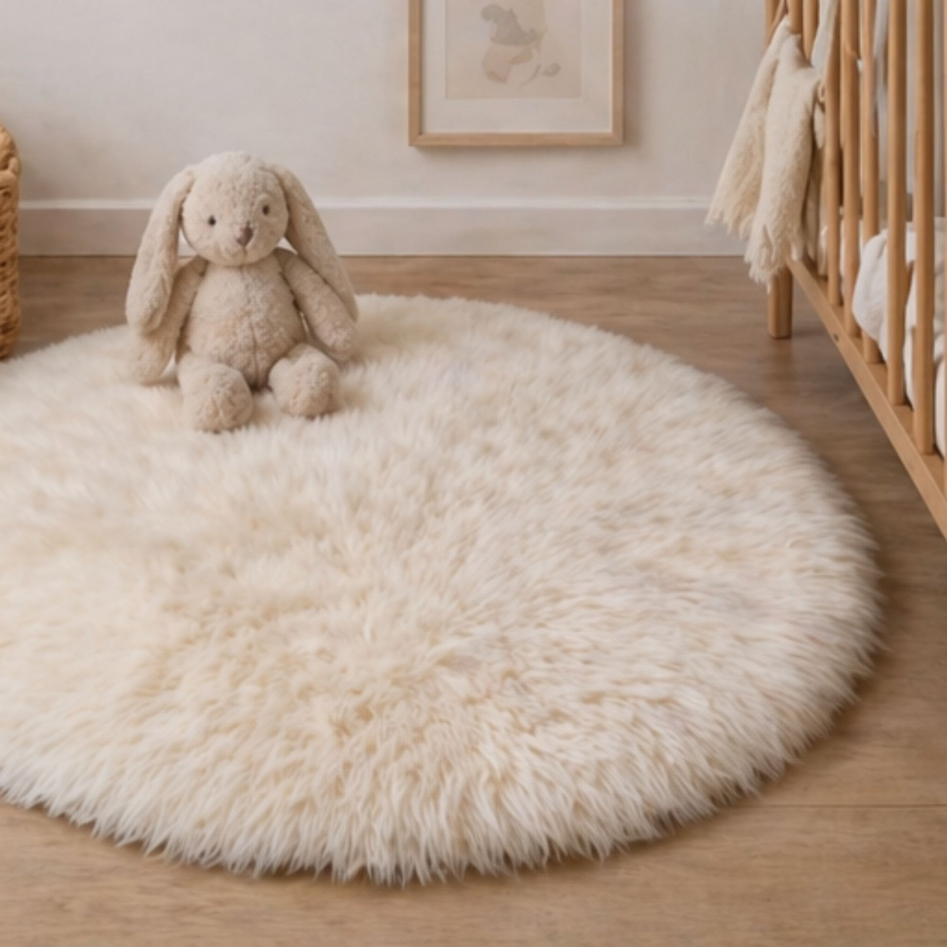 Round Ivory Sheepskin Rug in Baby Nursery.